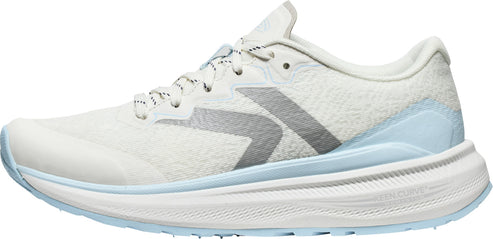 A white running shoe with gray accents and a light blue trim.