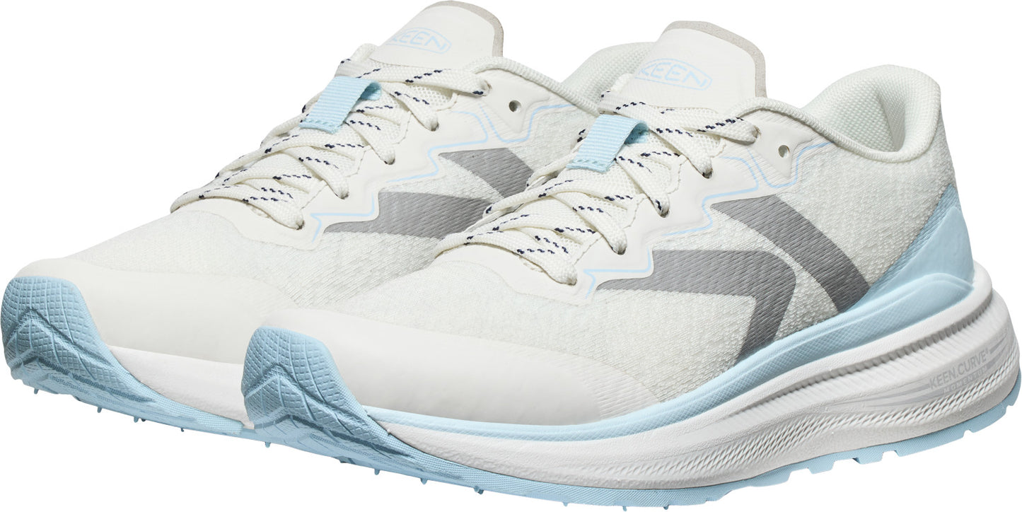 A pair of white running shoes with light blue accents and patterned laces.