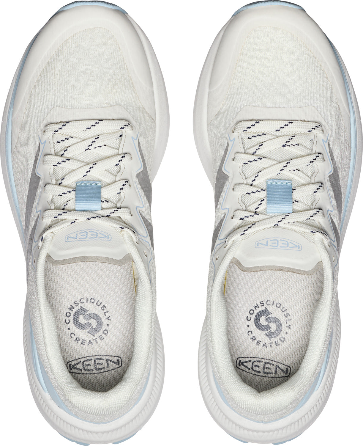 Overhead view of two identical white shoes with black and white shoelaces, a light blue lace loop, and a small grey design on the side.