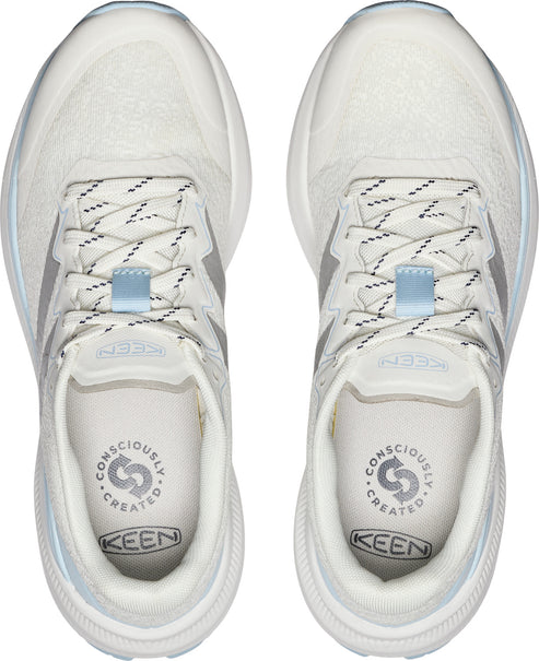 Overhead view of two identical white shoes with black and white shoelaces, a light blue lace loop, and a small grey design on the side.
