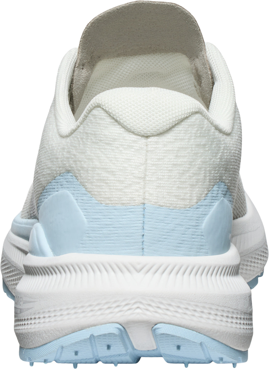Back view of a white athletic shoe with a light blue midsole.