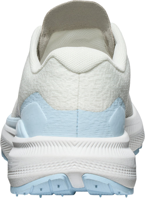 Back view of a white athletic shoe with a light blue midsole.