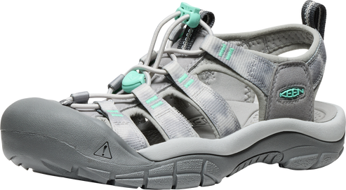 Grey sandal with teal accents, toe protection, and adjustable straps.