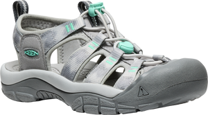 Gray sandal with a closed toe and teal accents.