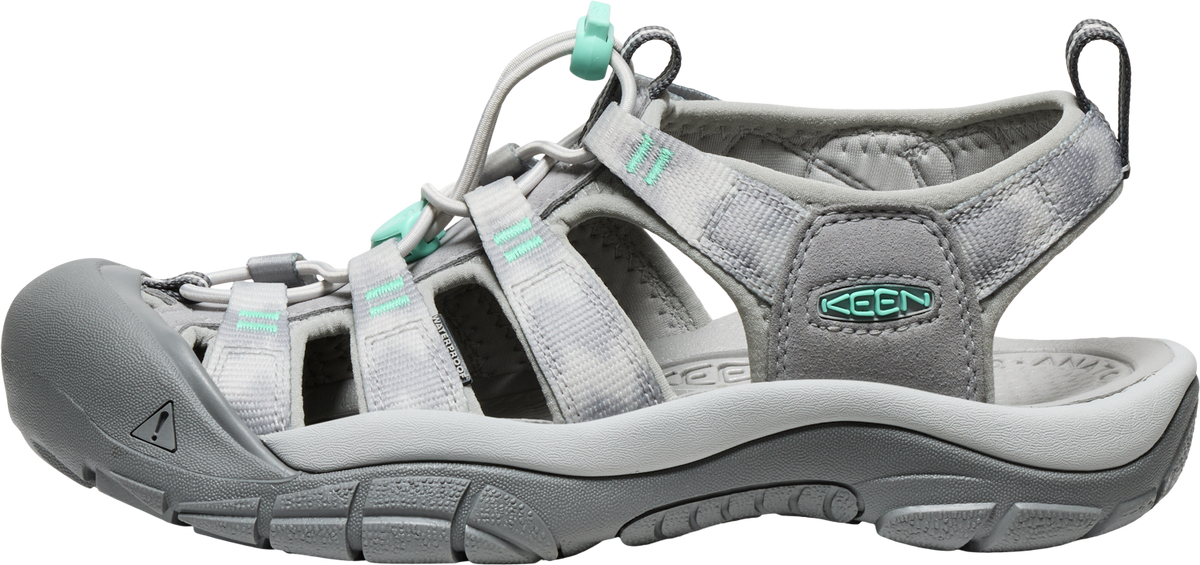 Gray sandal with mint green accents.