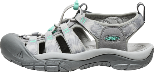Gray sandal with mint green accents.