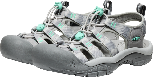 Pair of gray walking sandals with mint green accents and toe protection.