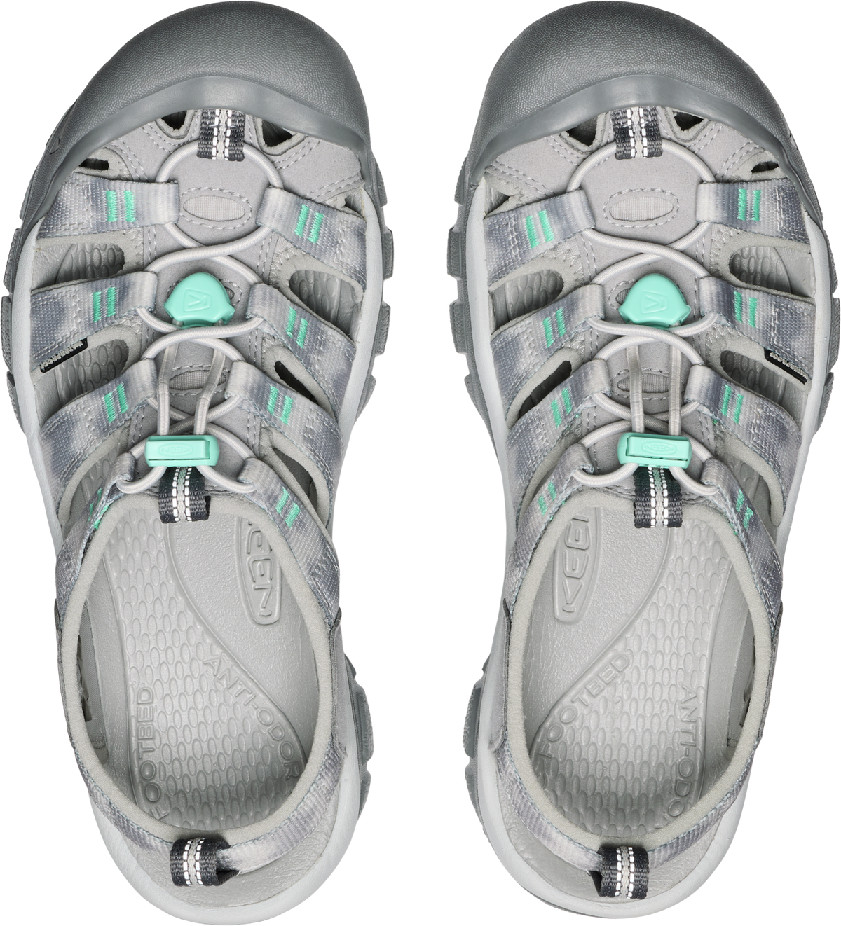 Top-down view of two silver and mint green water sandals with elastic drawstrings.