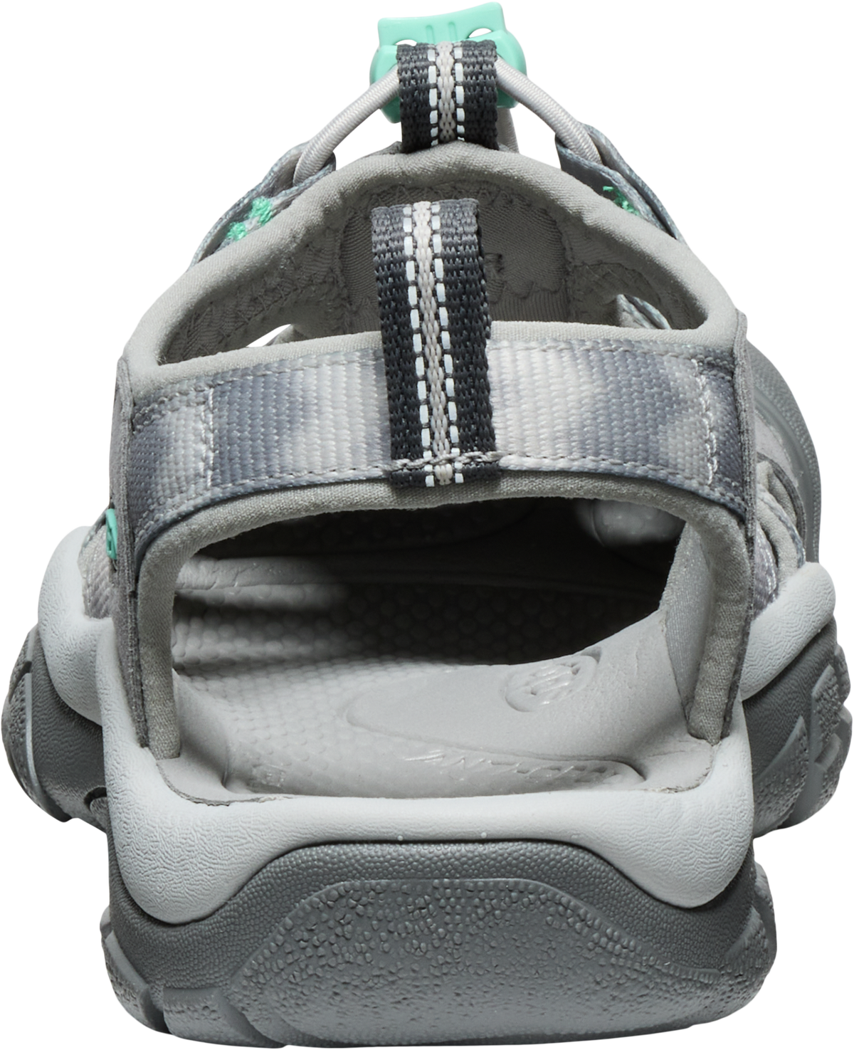 Gray sandal with a mint green accent shown from the back.