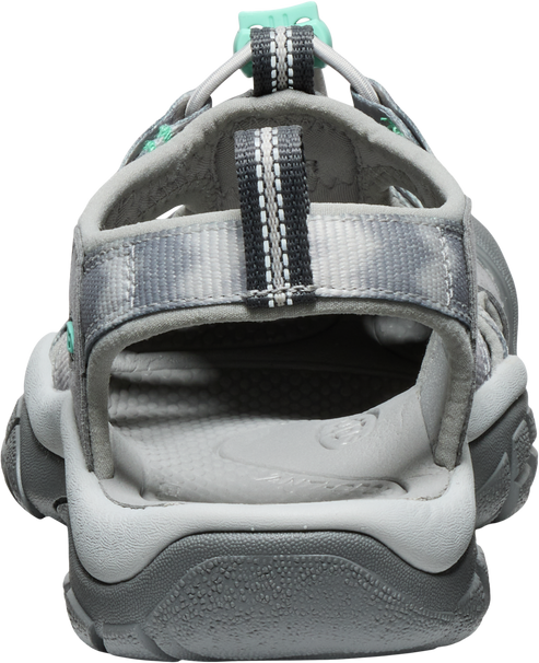 Gray sandal with a mint green accent shown from the back.