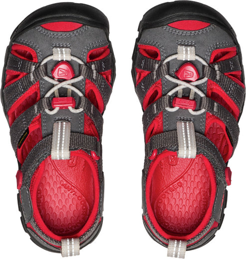 Overhead view of a pair of gray and red closed-toe sandals with a lace-up closure.