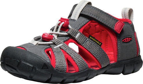 Grey and red toddler sandal with adjustable straps and toe protection.