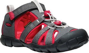 Gray and red sandal with adjustable straps and black sole.