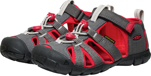 Pair of kids' water sandals in gray and red with adjustable straps.