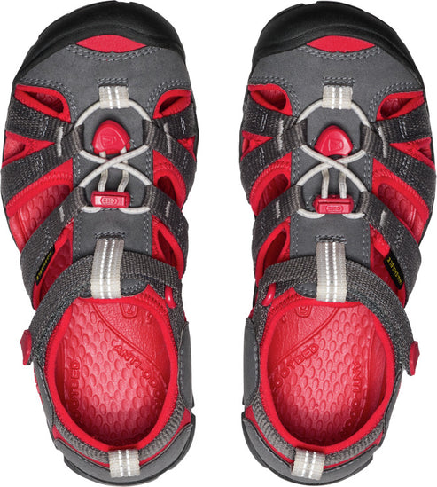 Top-down view of two gray and red sandals with white elastic laces.