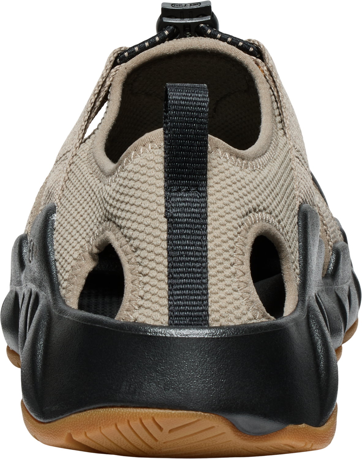 Rear view of tan textured shoe with black sole and pull tab.