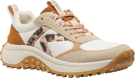 A tan and white sneaker with leopard print detailing.