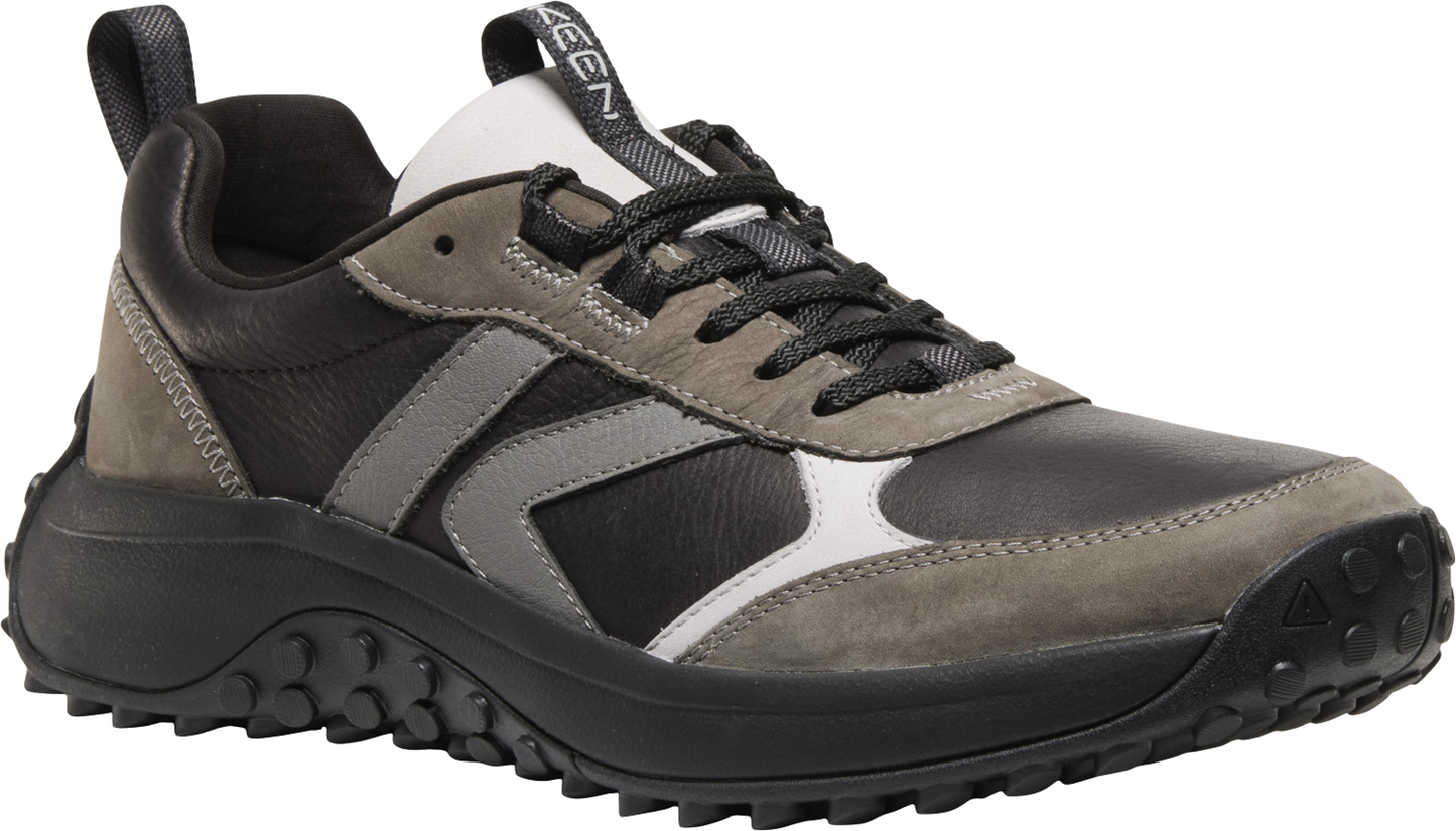 Black and gray sneaker with black laces and a black sole.