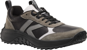 Black and gray sneaker with black laces and a black sole.