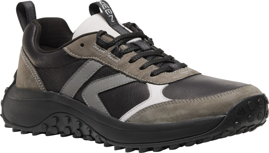 Black and gray sneaker with black laces and a black sole.