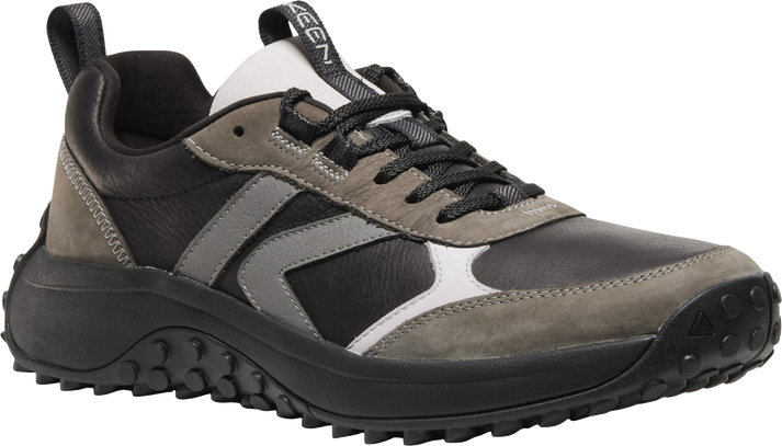 Black and gray sneaker with black laces and a black sole.