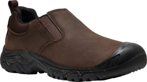 Slip-on shoe with brown leather upper, black sole, and round rubber toe.