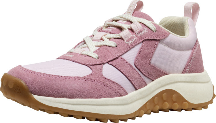 Low-top pink sneaker with off-white laces, sole, and upper trim, and a brown tread.
