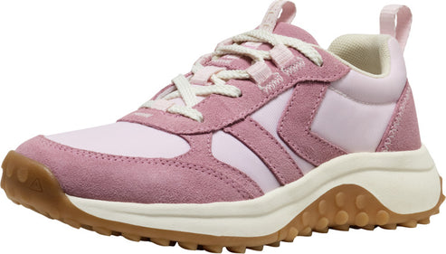 Low-top pink sneaker with off-white laces, sole, and upper trim, and a brown tread.