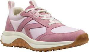 Pink sneaker with suede overlay and a thick beige sole.