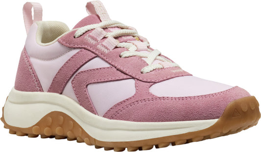 Pink sneaker with suede overlay and a thick beige sole.