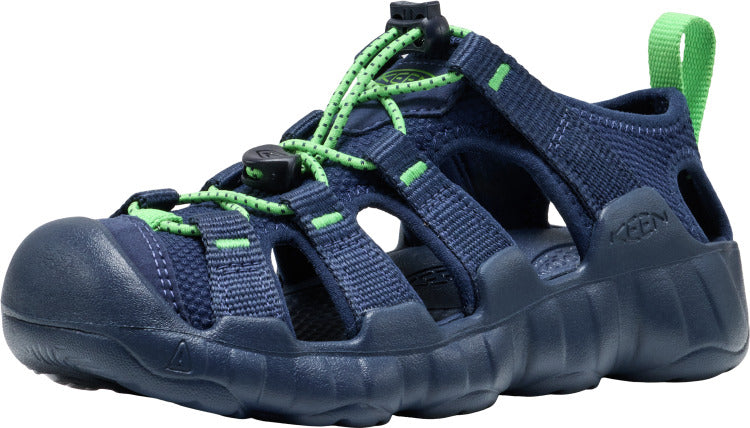 A navy, sporty sandal with green accents and a round, closed toe.