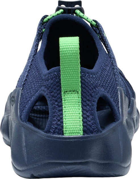 Navy blue sandal with lime green accents featuring a mesh upper and a thick sole.