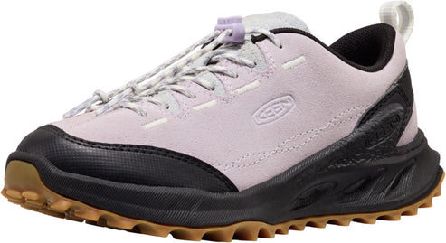 A lilac low-top athletic shoe with a black midsole and brown outsole.