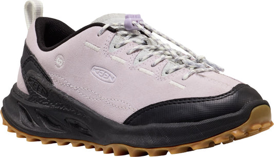Close-up of a lavender athletic shoe with black trim and a brown sole.
