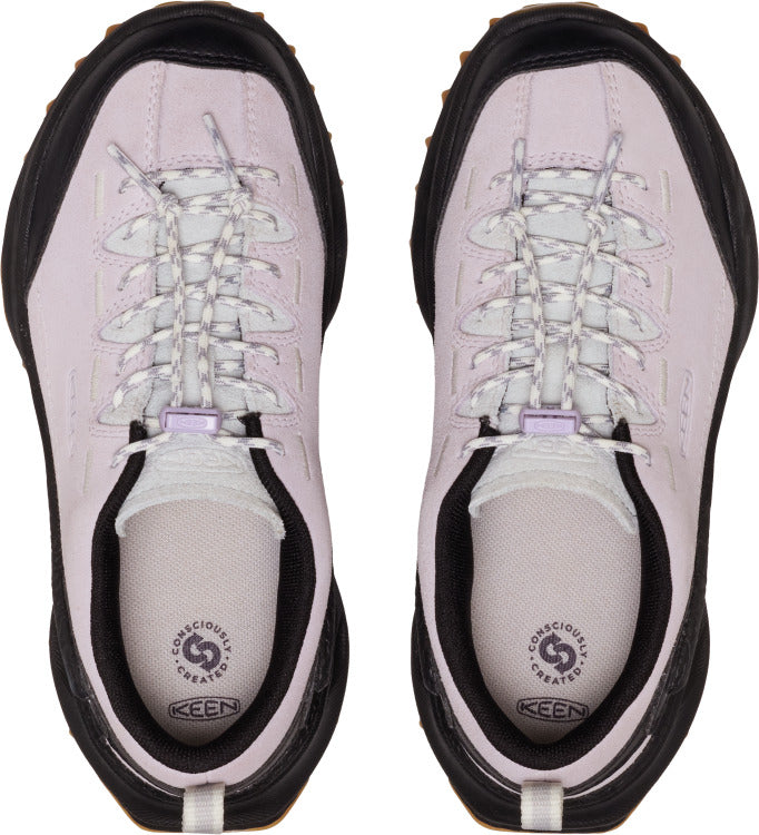 Two lavender-colored hiking shoes with black soles, white laces and "Consciously Created KEEN" logo on the insole.