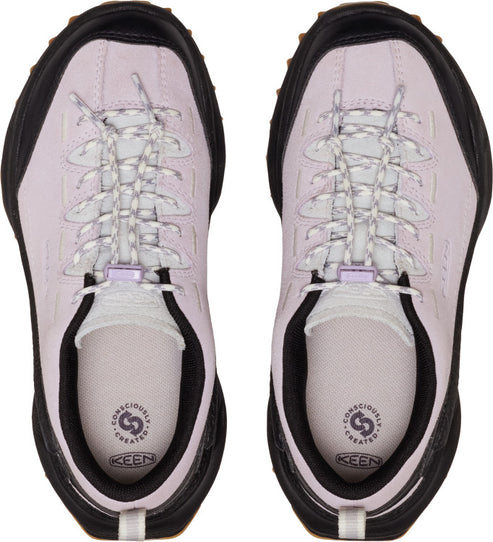 Two lavender-colored hiking shoes with black soles, white laces and "Consciously Created KEEN" logo on the insole.