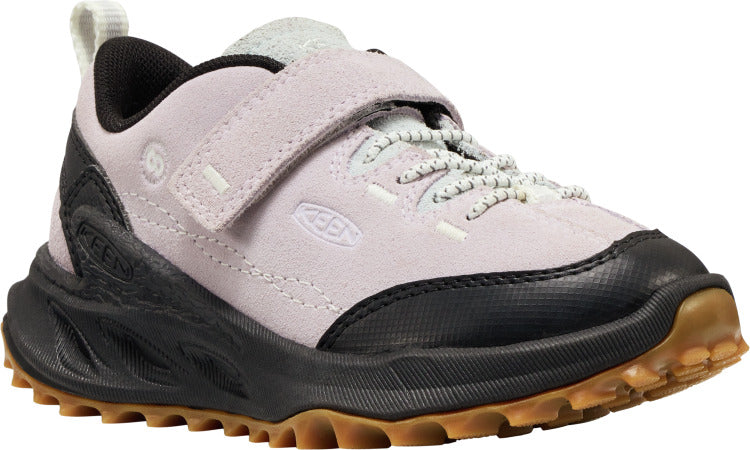 A low-top, toddler's lavender-colored, leather hiking shoe with a black sole and a velcro strap over the laces.
