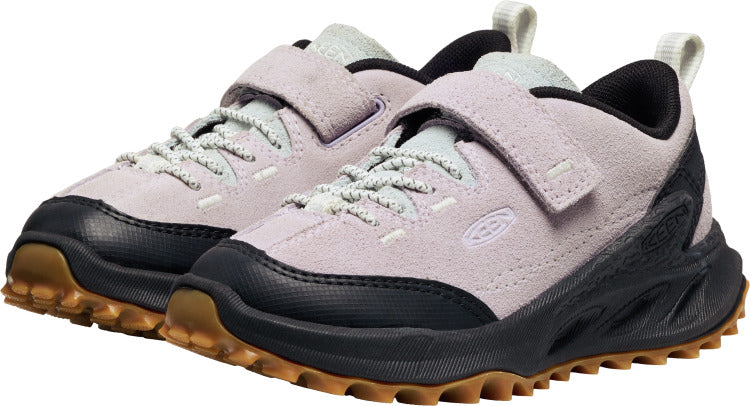 Pair of lavender children's low top sneakers with black soles and toe caps and velcro strap.