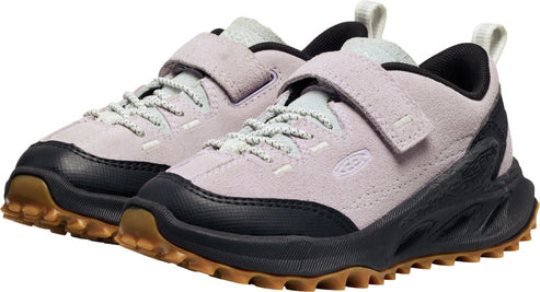 Pair of lavender children's low top sneakers with black soles and toe caps and velcro strap.