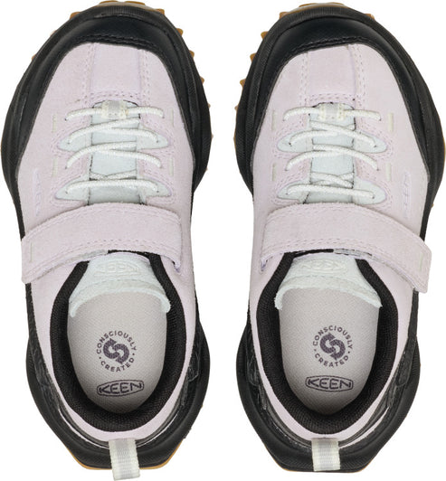 Two shoes, top view: light purple, black sole, white laces and velcro strap, insole with a logo.