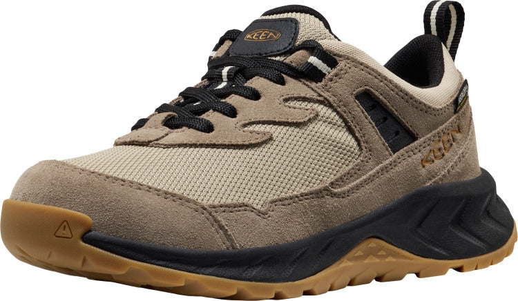 Tan low-top hiking shoe with black laces and brown soles.