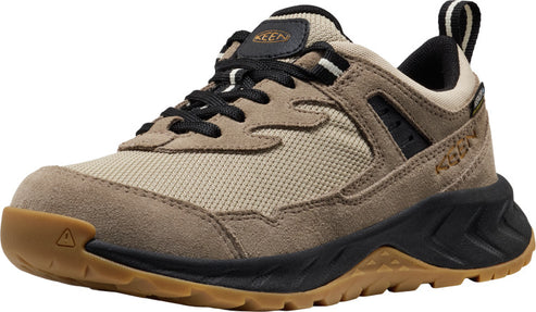 Tan low-top hiking shoe with black laces and brown soles.