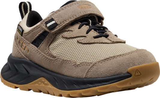 Child's tan waterproof sneaker with a hook-and-loop strap closure and black sole.