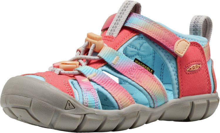 Coral and aqua blue sandal with a gray sole and tie-dye straps.
