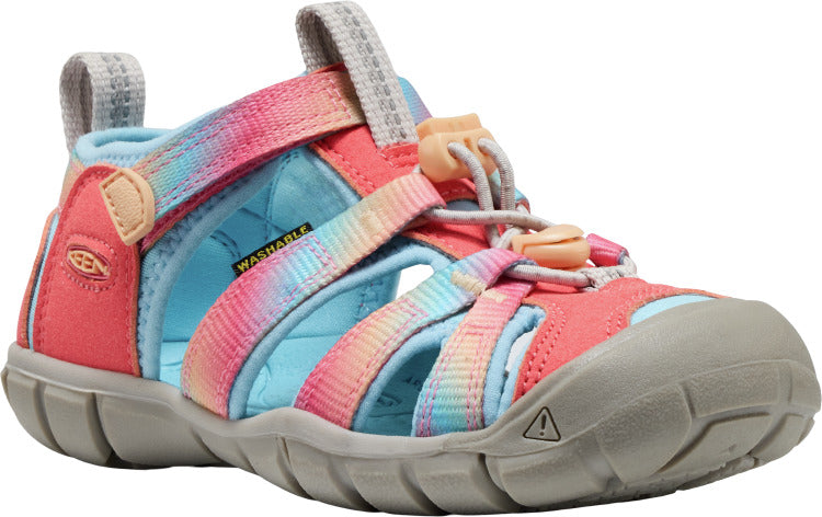Coral and blue children's sandal with grey soles and webbing straps.