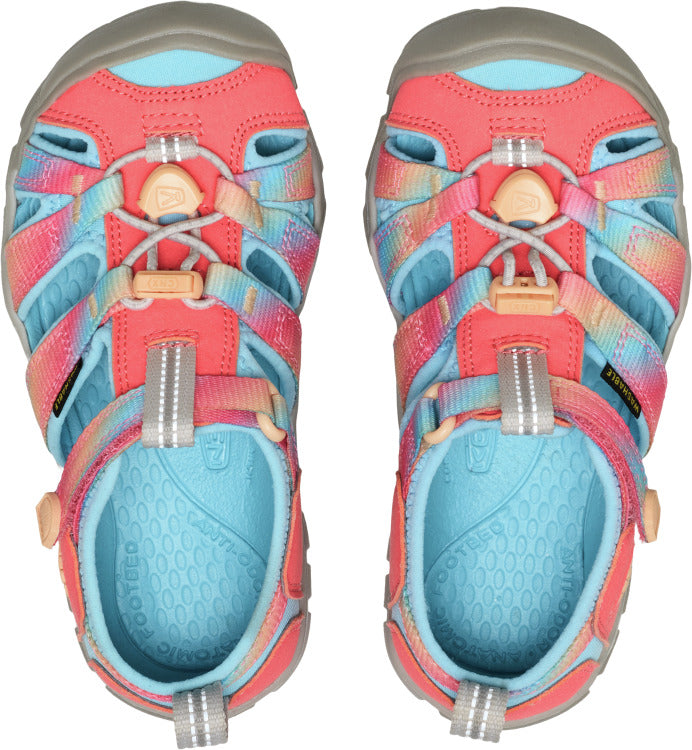 Overhead view of two colorful sandals with adjustable straps, a rounded toe, and a light blue footbed.