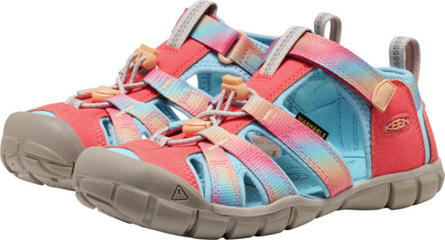 Pair of children's coral and light blue sandals with straps and light gray soles.