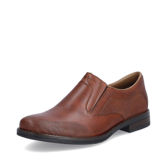 A brown leather slip-on dress shoe with textured panels.