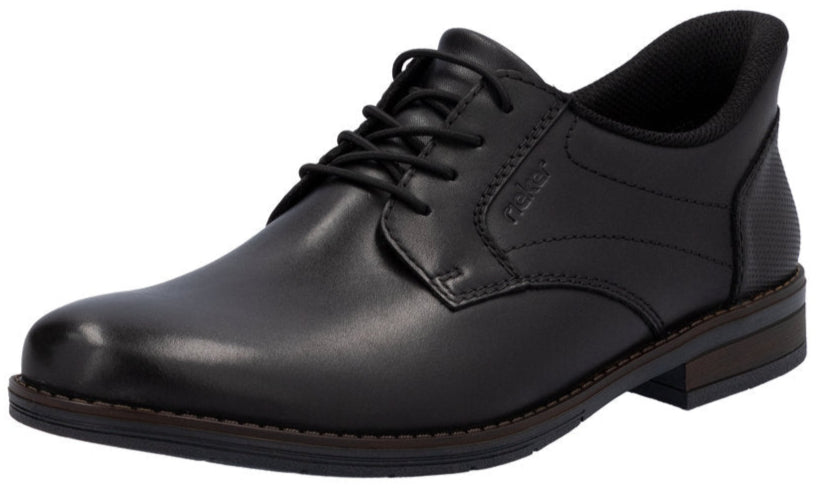 Black leather dress shoe with lace-up closure and low heel.