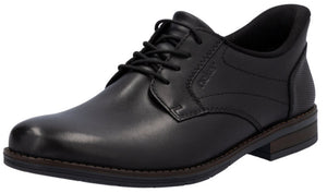Black leather dress shoe with lace-up closure and low heel.